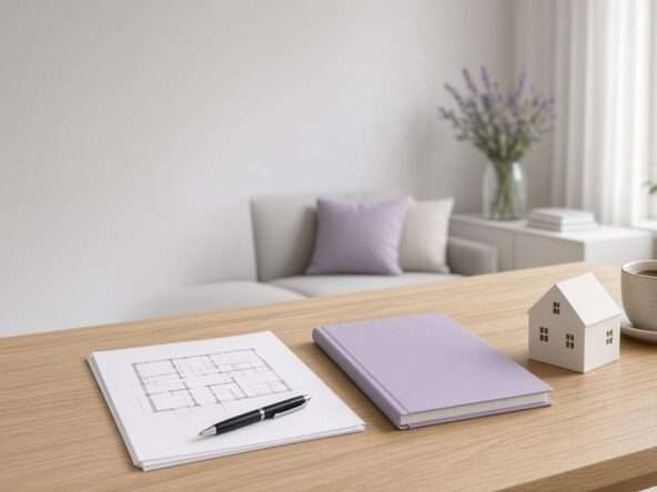 Heller Wohnraum mit Holztisch, darauf Grundriss, fliederfarbene Mappe, Hausmodell und Kaffeetasse – Symbolbild Immobilienbewertung
