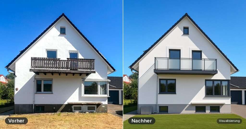 Vorher-Nachher: älteres Einfamilienhaus in Nordhessen vor und nach einer energetischen Sanierung (Visualisierung)