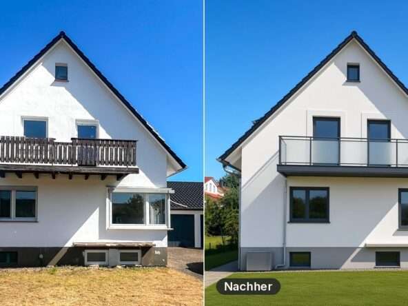 Vorher-Nachher: älteres Einfamilienhaus in Nordhessen vor und nach einer energetischen Sanierung (Visualisierung)